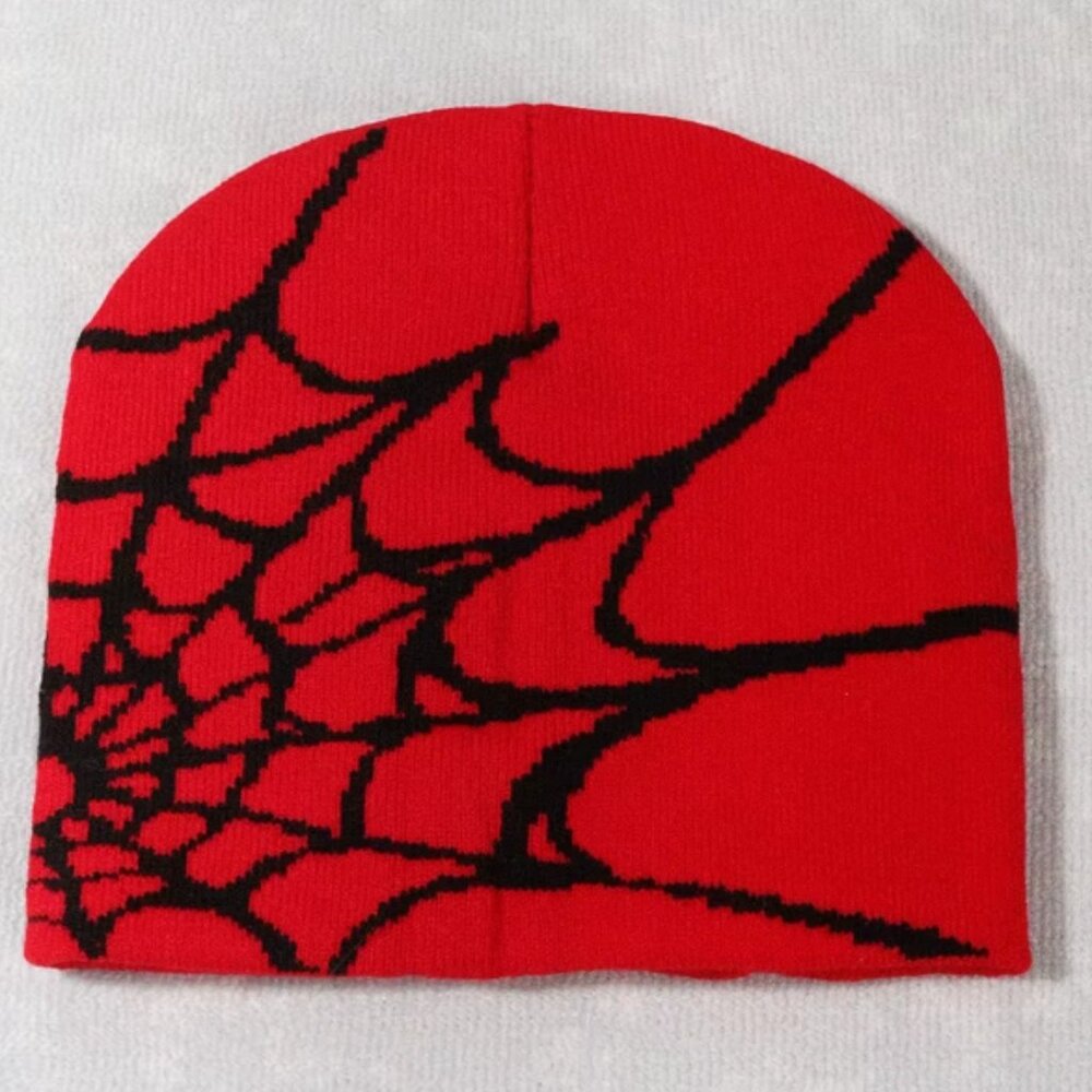 Spider Web Beanie Hat Cap Red & Black